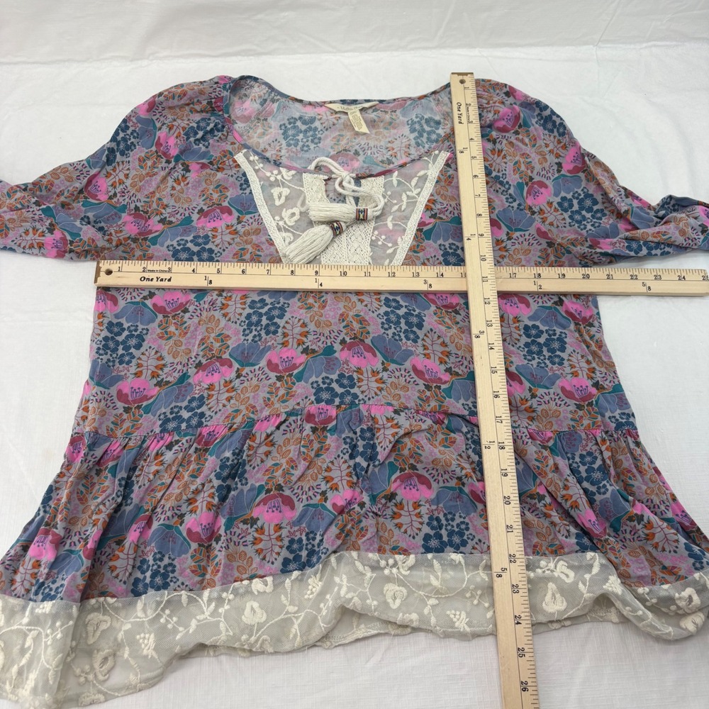 Matilda Jane Womens M Floral Peplum Blouse Boho Lace Trim Tassel Tie Pink Blue - Picture 4 of 6